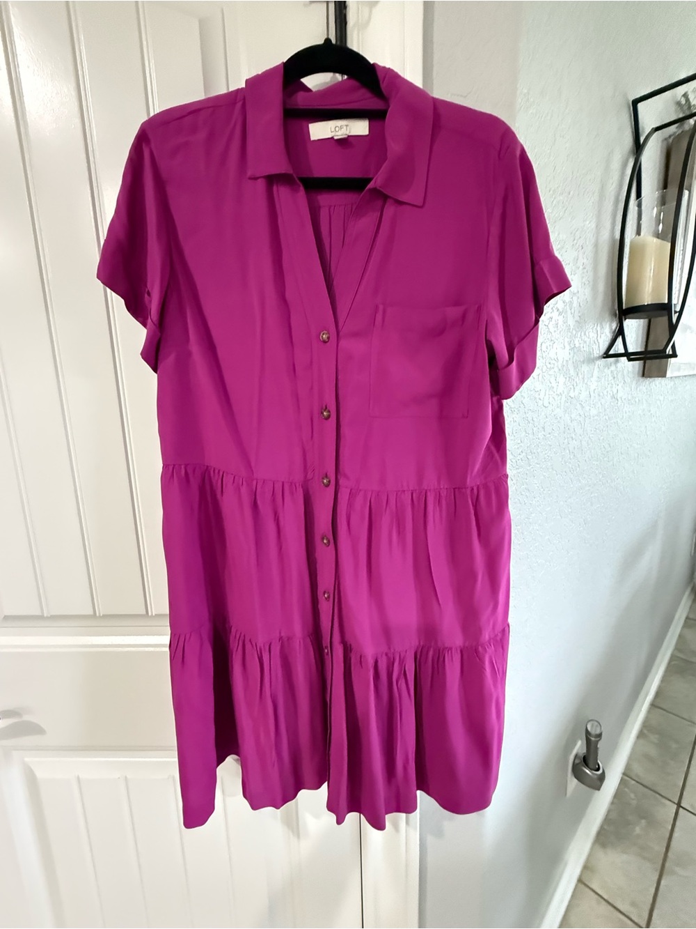 LOFT Bright Fuchsia Button-Front Tiered Mini Dress